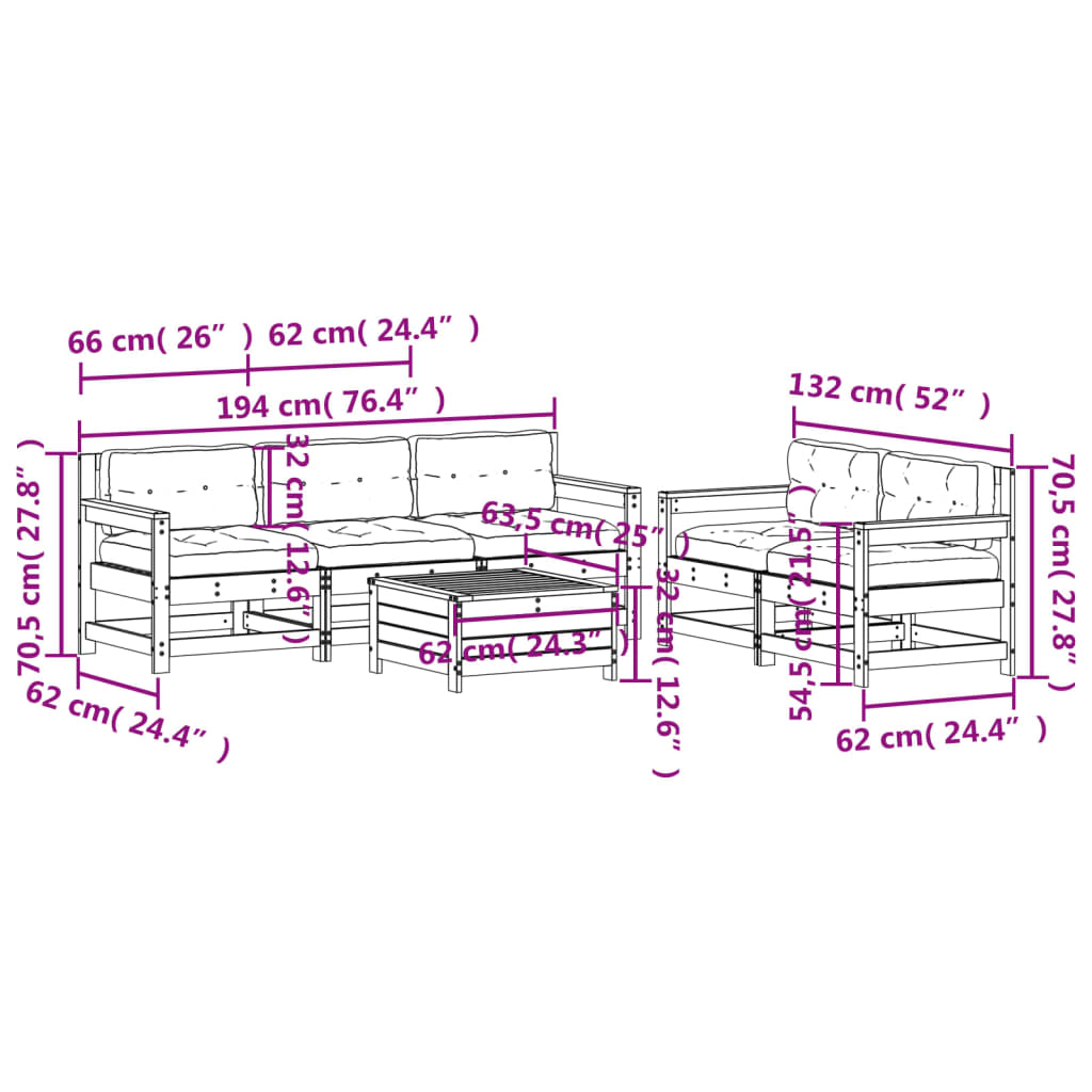 6-tlg. Garten-Lounge-Set mit Kissen Weiß Massivholz Kiefer