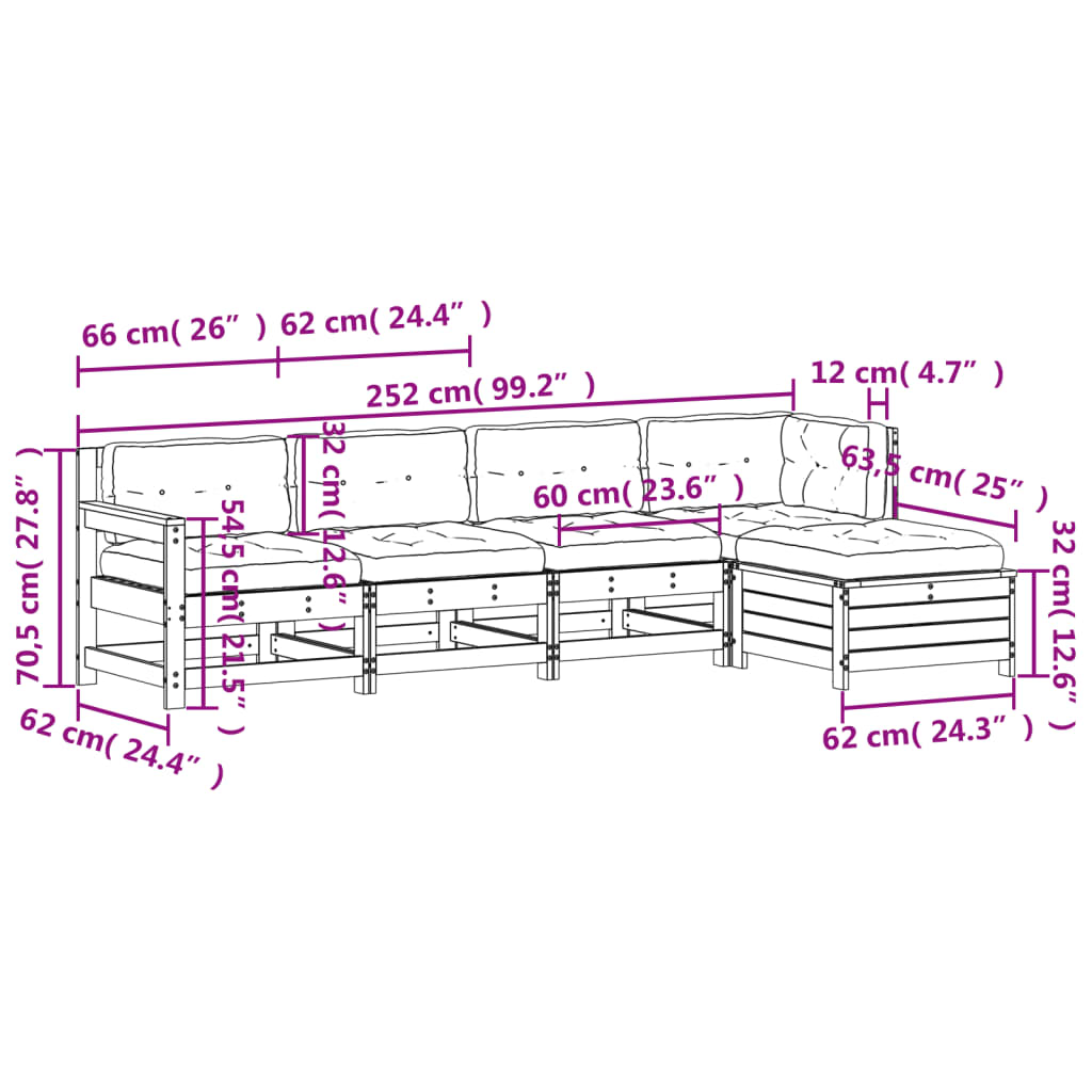 5-tlg. Garten-Lounge-Set mit Kissen Weiß Massivholz Kiefer