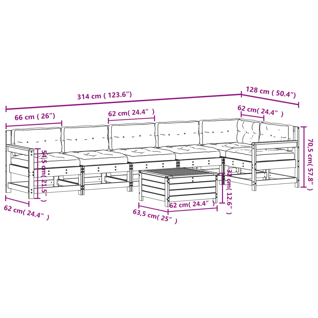 7-tlg. Garten-Lounge-Set mit Kissen Weiß Massivholz Kiefer