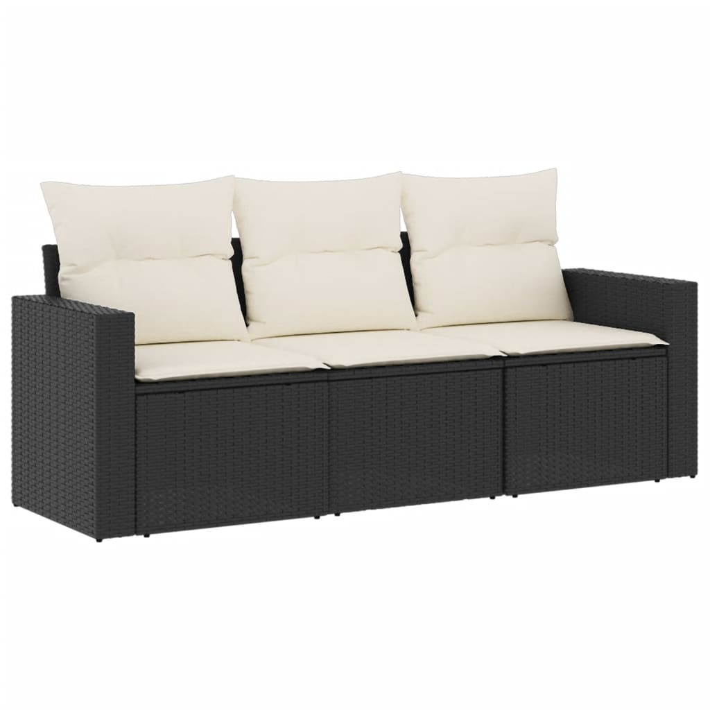 3-tlg. Garten-Sofagarnitur mit Kissen Schwarz Poly Rattan