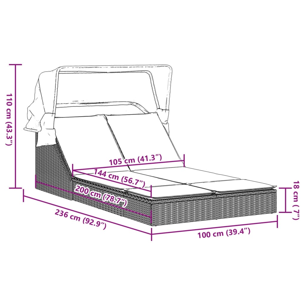 Doppel-Sonnenliege mit Dach und Auflagen Beige Poly Rattan