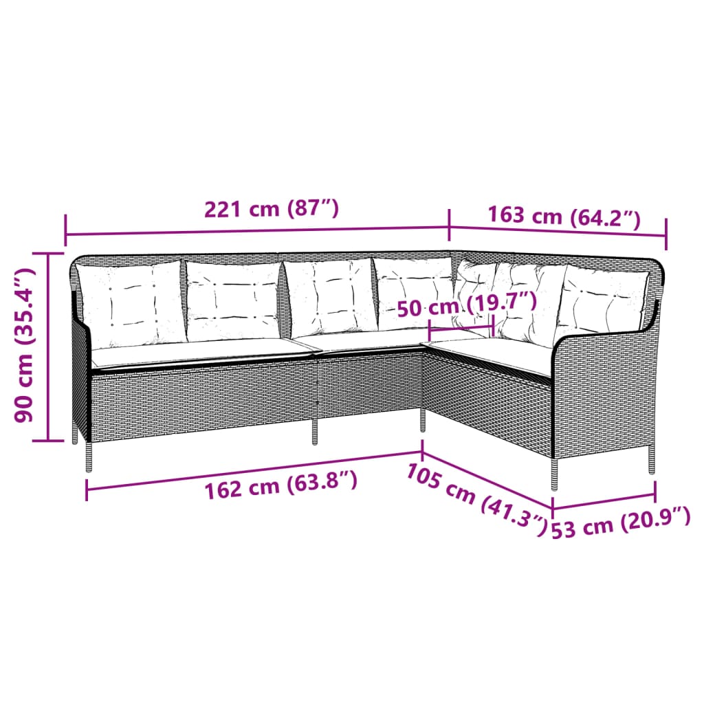 Gartensofa in L-Form mit Kissen Schwarz Poly Rattan