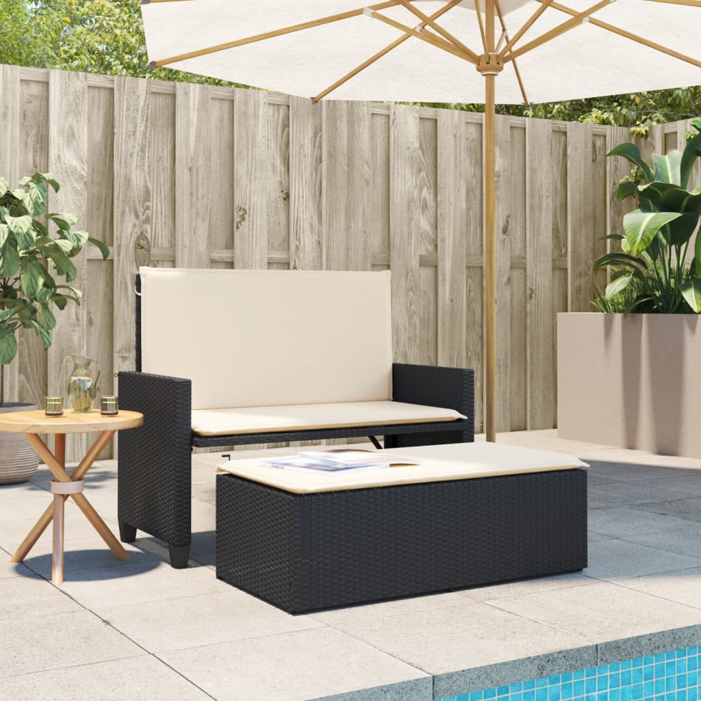 Gartenbank mit Kissen und Hocker Schwarz Poly Rattan