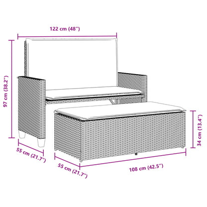 Gartenbank mit Kissen und Hocker Schwarz Poly Rattan