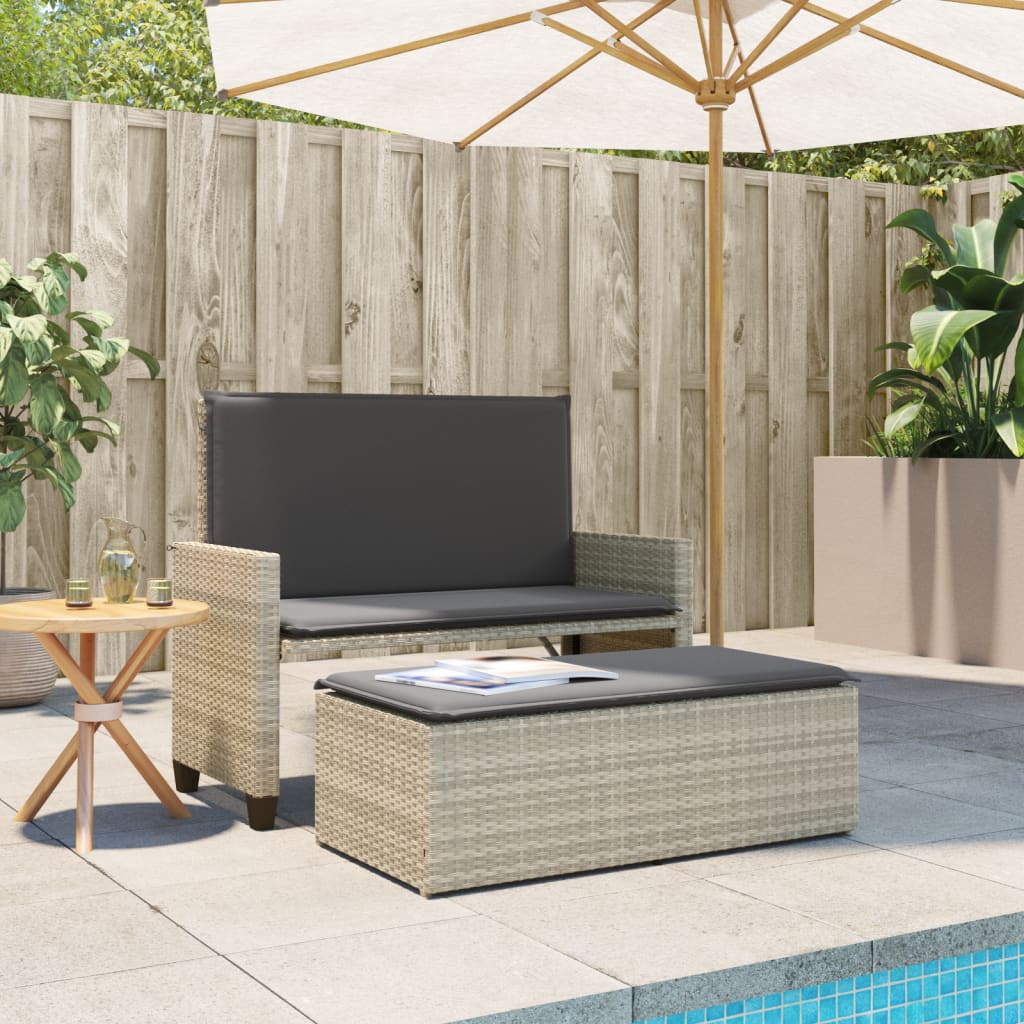 Gartenbank mit Kissen und Hocker Hellgrau Poly Rattan