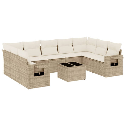 10-tlg. Garten-Sofagarnitur mit Kissen Beige Poly Rattan