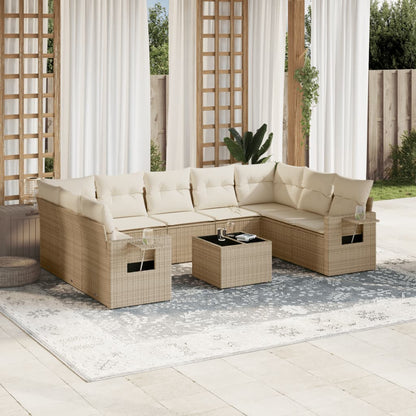 10-tlg. Garten-Sofagarnitur mit Kissen Beige Poly Rattan