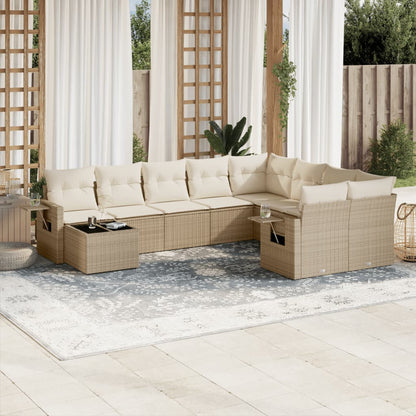 10-tlg. Garten-Sofagarnitur mit Kissen Beige Poly Rattan