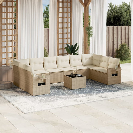 11-tlg. Garten-Sofagarnitur mit Kissen Beige Poly Rattan