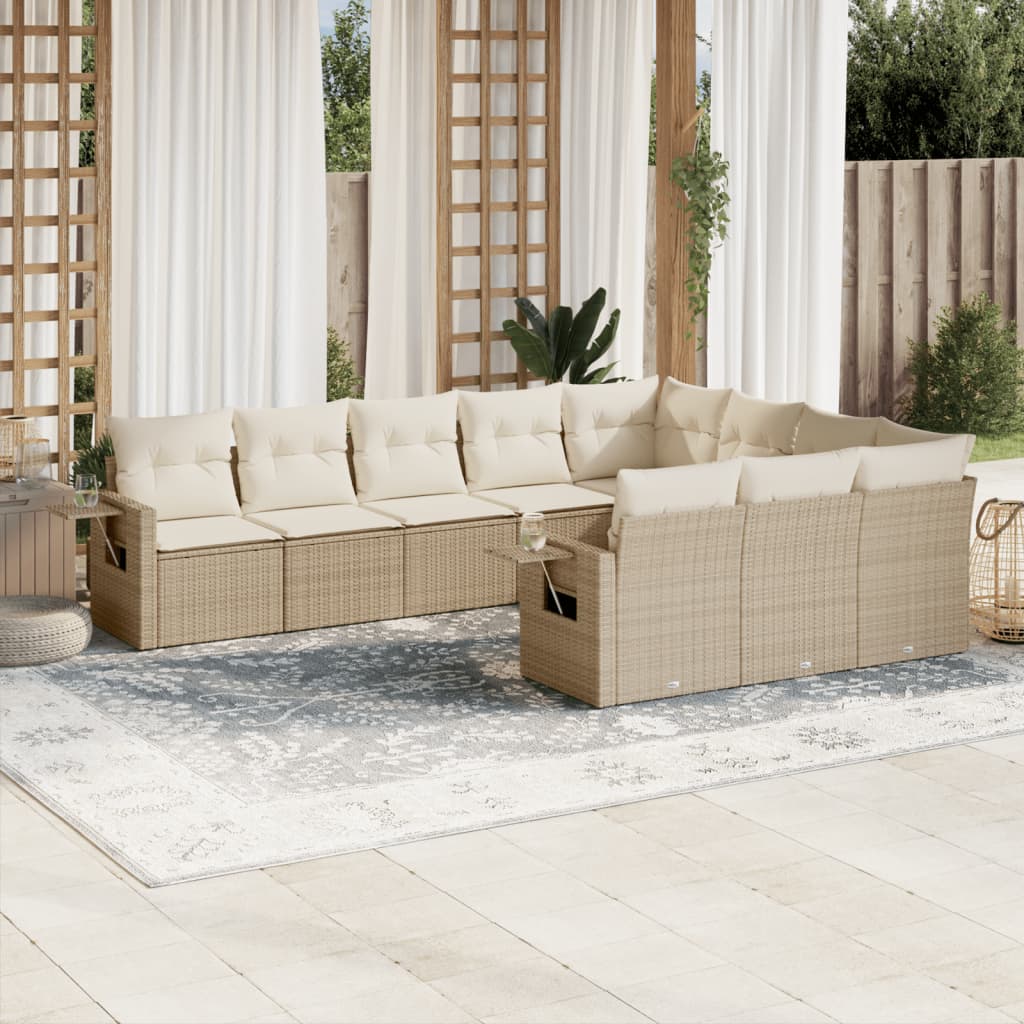 10-tlg. Garten-Sofagarnitur mit Kissen Beige Poly Rattan