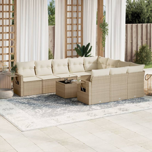 11-tlg. Garten-Sofagarnitur mit Kissen Beige Poly Rattan