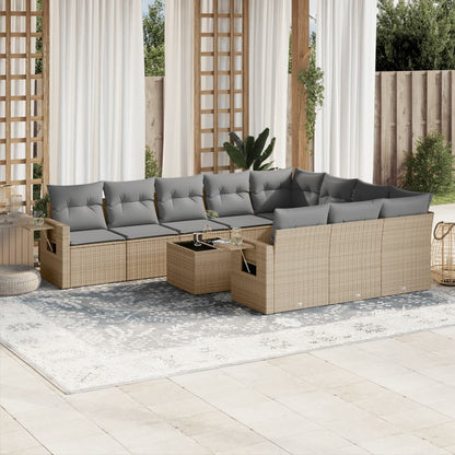 11-tlg. Garten-Sofagarnitur mit Kissen Beige Poly Rattan