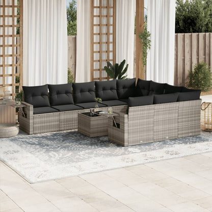 11-tlg. Garten-Sofagarnitur mit Kissen Hellgrau Poly Rattan