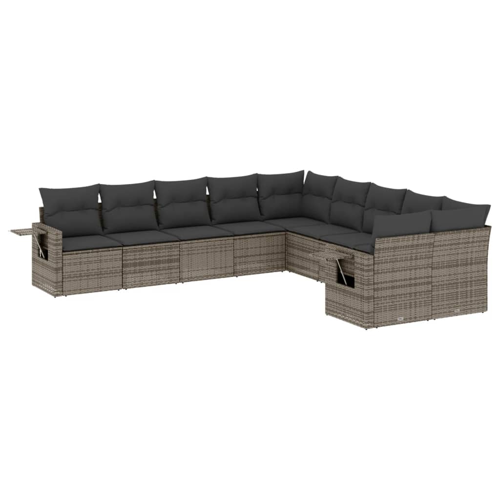 10-tlg. Garten-Sofagarnitur mit Kissen Grau Poly Rattan