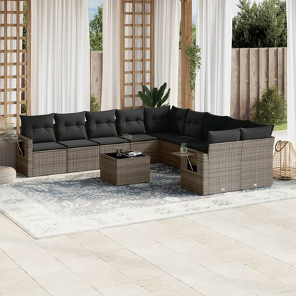 11-tlg. Garten-Sofagarnitur mit Kissen Grau Poly Rattan