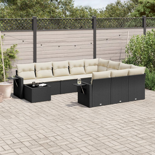 11-tlg. Garten-Sofagarnitur mit Kissen Schwarz Poly Rattan