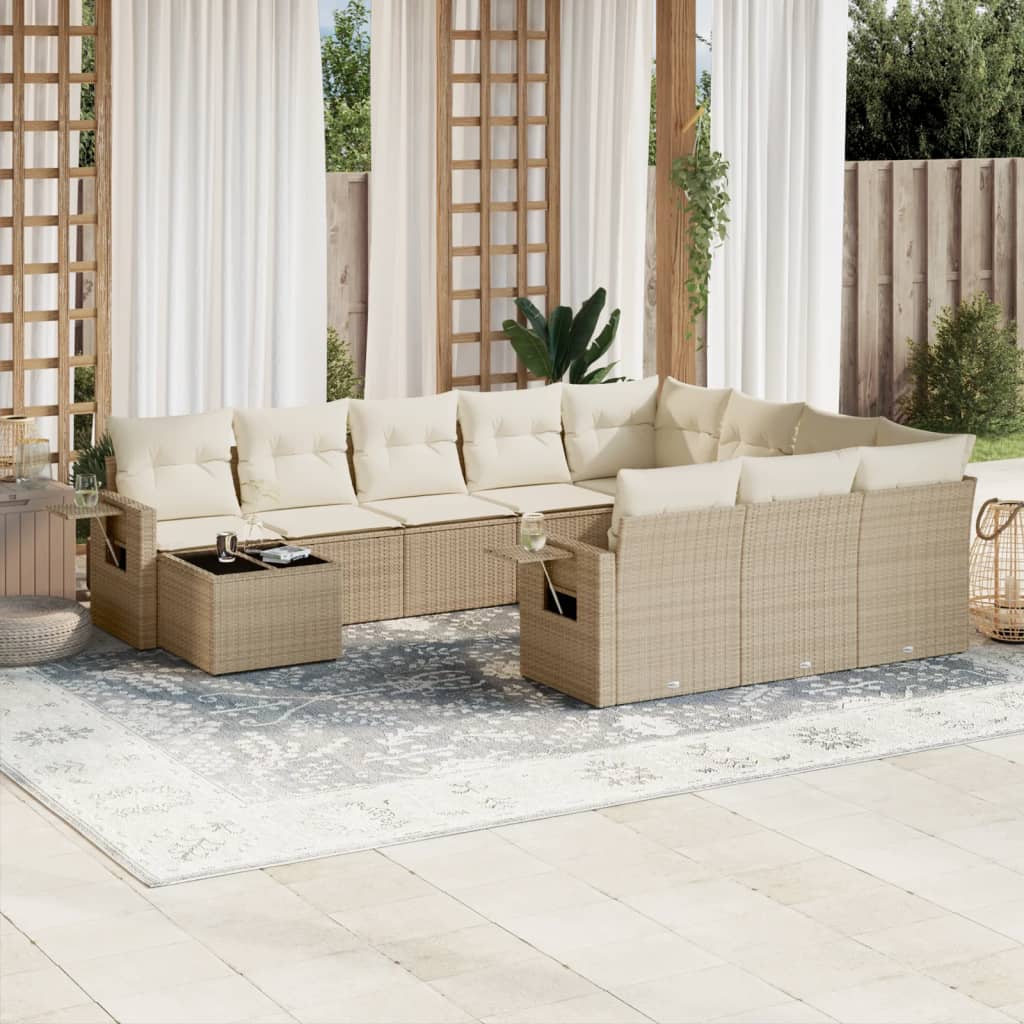 11-tlg. Garten-Sofagarnitur mit Kissen Beige Poly Rattan