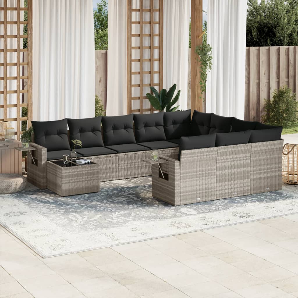 11-tlg. Garten-Sofagarnitur mit Kissen Hellgrau Poly Rattan