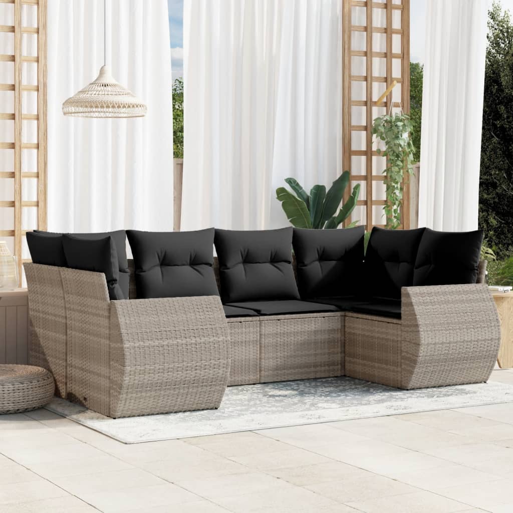 6-tlg. Garten-Sofagarnitur mit Kissen Hellgrau Poly Rattan