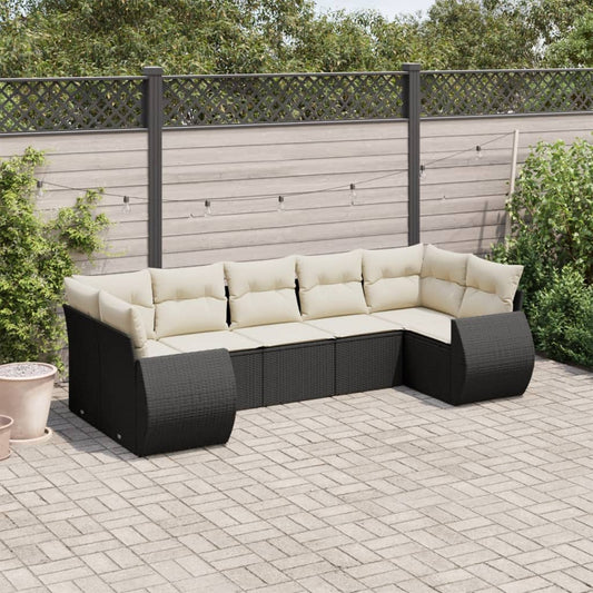 7-tlg. Garten-Sofagarnitur mit Kissen Schwarz Poly Rattan