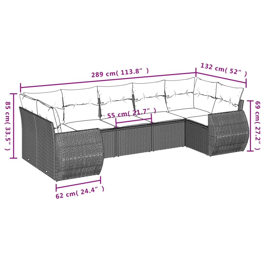 7-tlg. Garten-Sofagarnitur mit Kissen Grau Poly Rattan