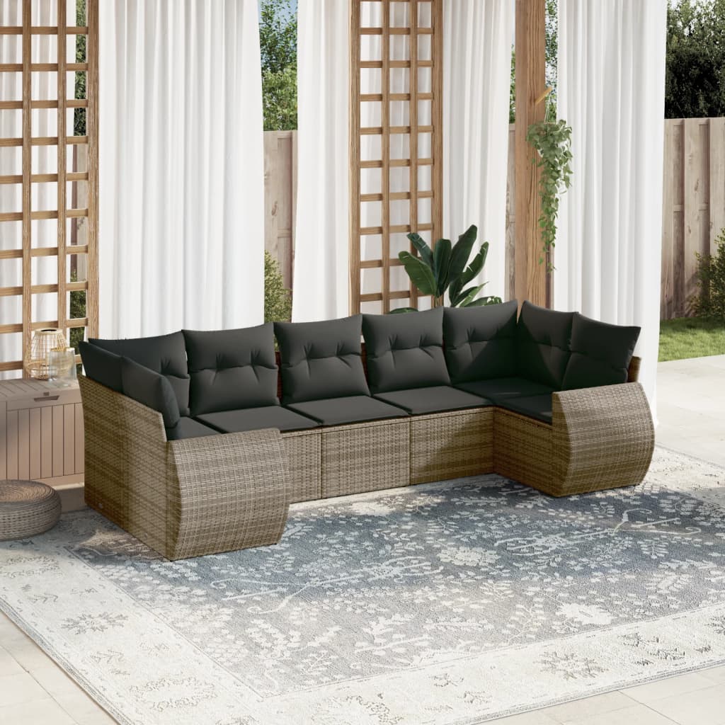 7-tlg. Garten-Sofagarnitur mit Kissen Grau Poly Rattan