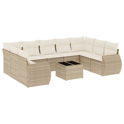 10-tlg. Garten-Sofagarnitur mit Kissen Beige Poly Rattan