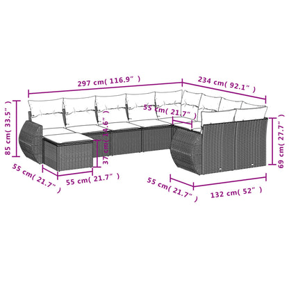 10-tlg. Garten-Sofagarnitur mit Kissen Schwarz Poly Rattan