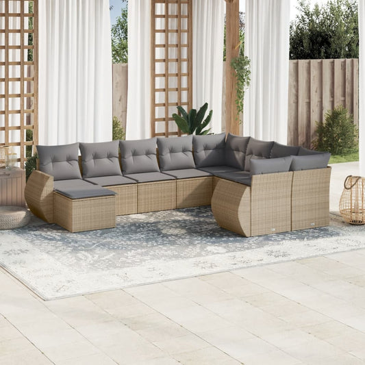 10-tlg. Garten-Sofagarnitur mit Kissen Beige Poly Rattan