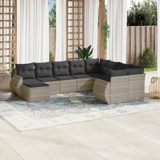 10-tlg. Garten-Sofagarnitur mit Kissen Hellgrau Poly Rattan