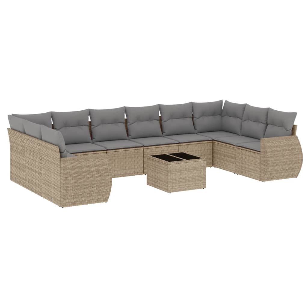 11-tlg. Garten-Sofagarnitur mit Kissen Beige Poly Rattan