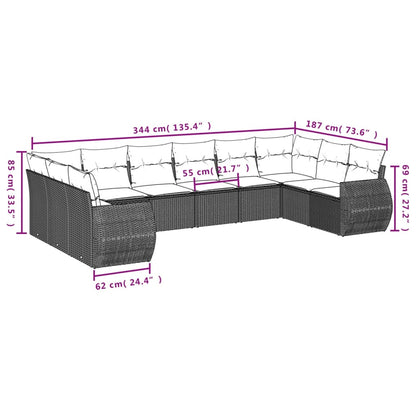 11-tlg. Garten-Sofagarnitur mit Kissen Grau Poly Rattan