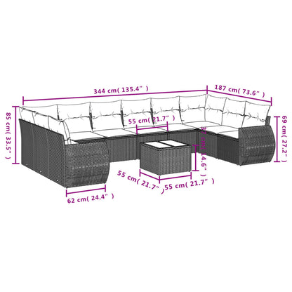 11-tlg. Garten-Sofagarnitur mit Kissen Hellgrau Poly Rattan