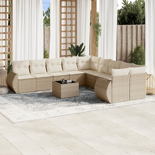 11-tlg. Garten-Sofagarnitur mit Kissen Beige Poly Rattan