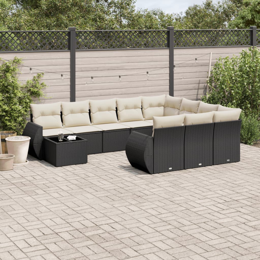 11-tlg. Garten-Sofagarnitur mit Kissen Schwarz Poly Rattan