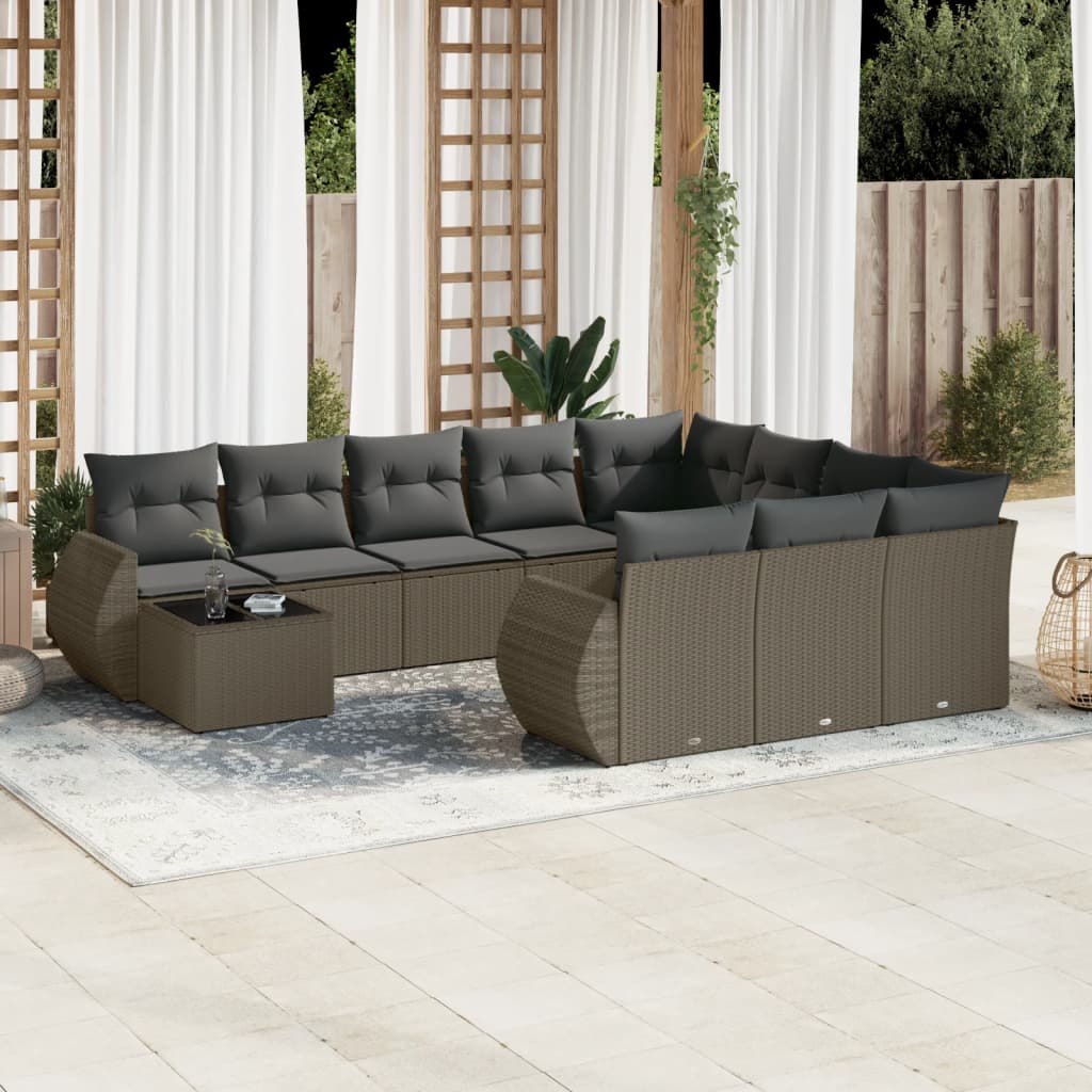 11-tlg. Garten-Sofagarnitur mit Kissen Hellgrau Poly Rattan