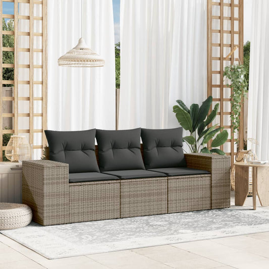 3-tlg. Garten-Sofagarnitur mit Kissen Grau Poly Rattan