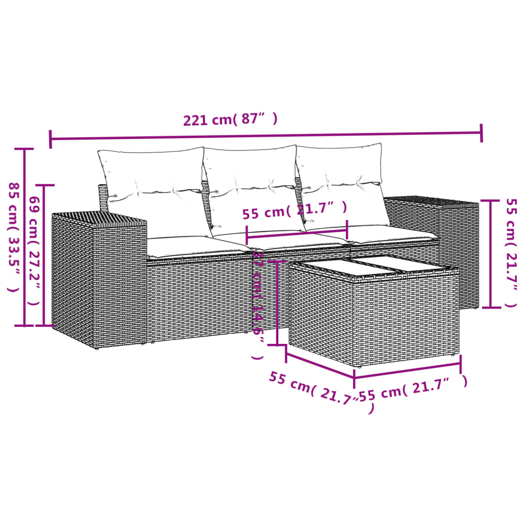 4-tlg. Garten-Sofagarnitur mit Kissen Schwarz Poly Rattan