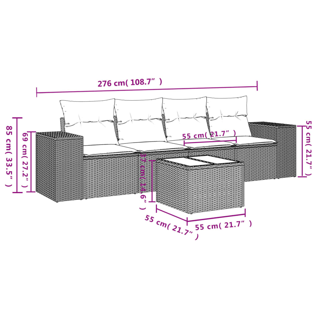 5-tlg. Garten-Sofagarnitur mit Kissen Schwarz Poly Rattan