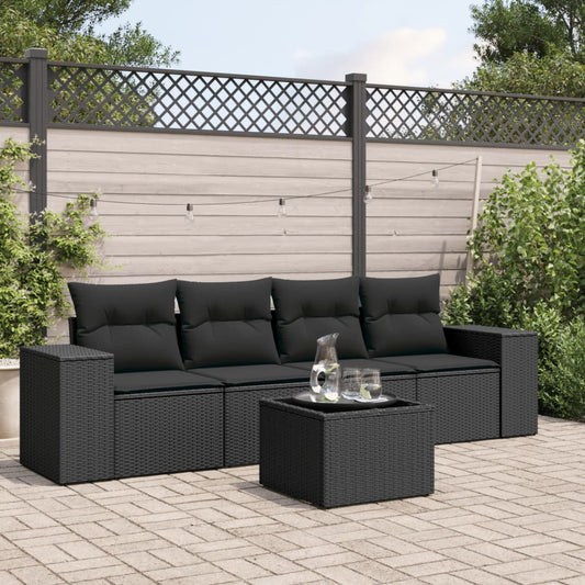 5-tlg. Garten-Sofagarnitur mit Kissen Schwarz Poly Rattan