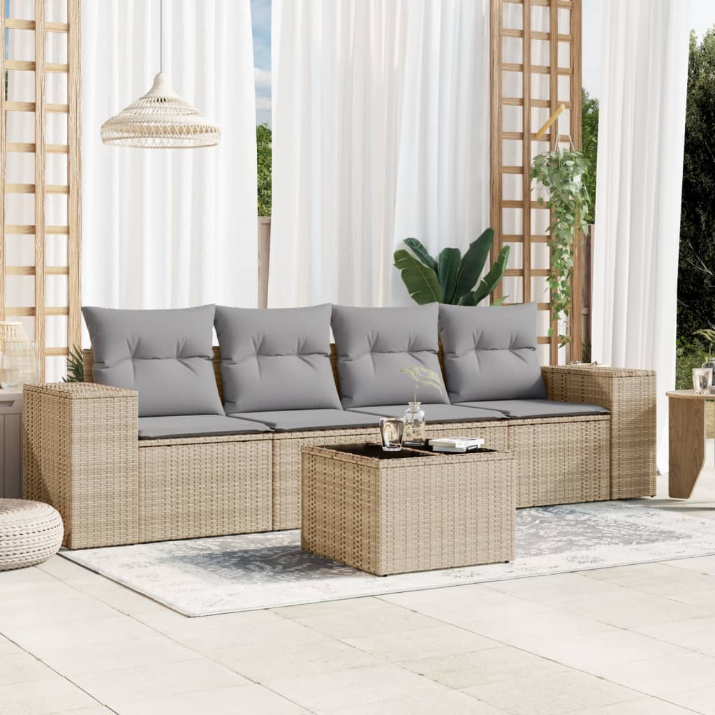 5-tlg. Garten-Sofagarnitur mit Kissen Beige Poly Rattan