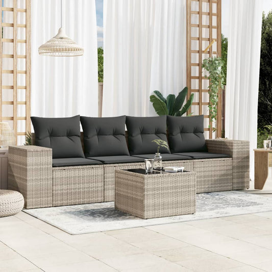 5-tlg. Garten-Sofagarnitur mit Kissen Hellgrau Poly Rattan