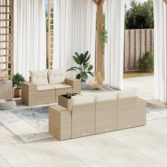 6-tlg. Garten-Sofagarnitur mit Kissen Beige Poly Rattan