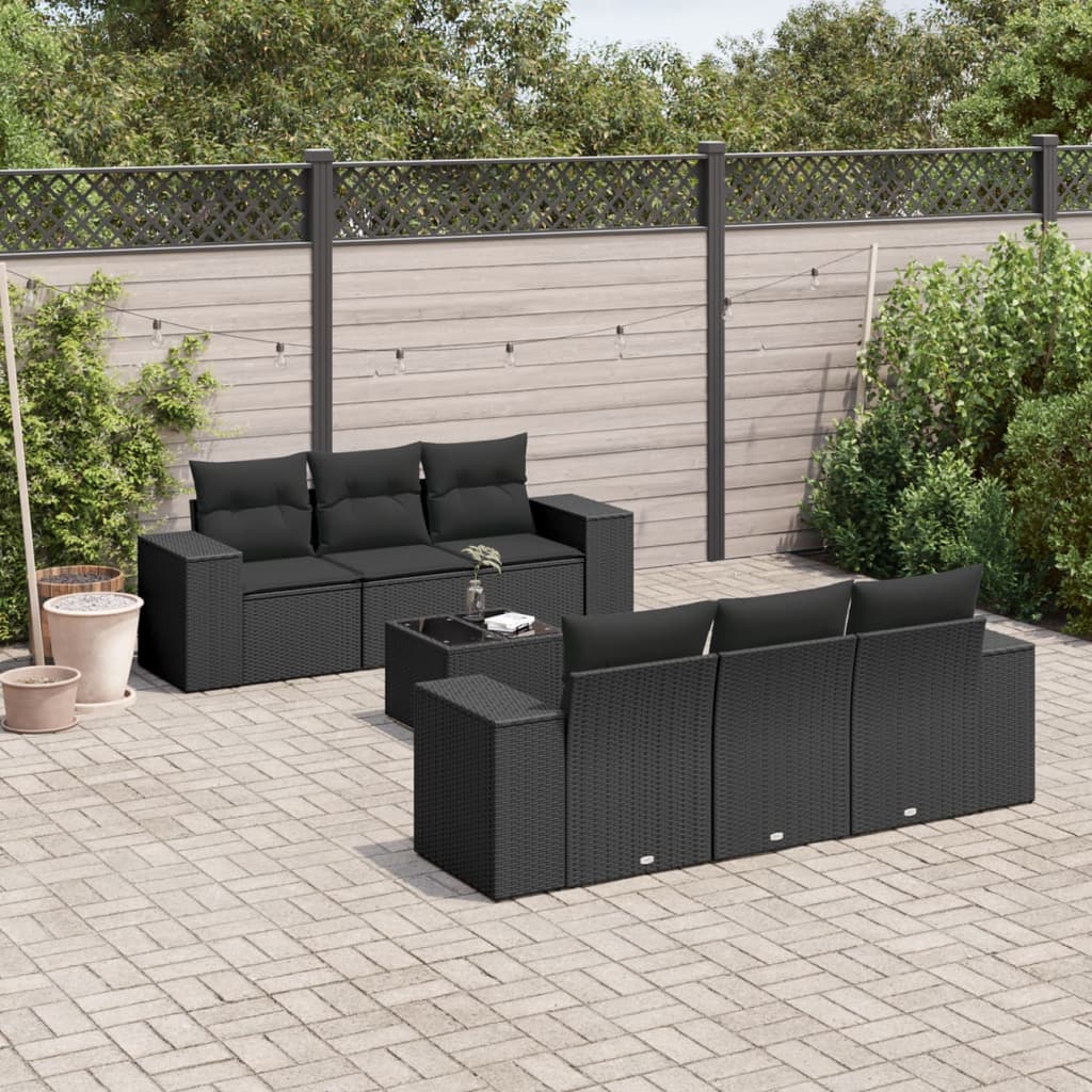 7-tlg. Garten-Sofagarnitur mit Kissen Schwarz Poly Rattan