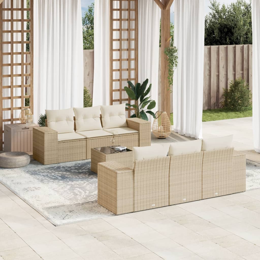 7-tlg. Garten-Sofagarnitur mit Kissen Beige Poly Rattan