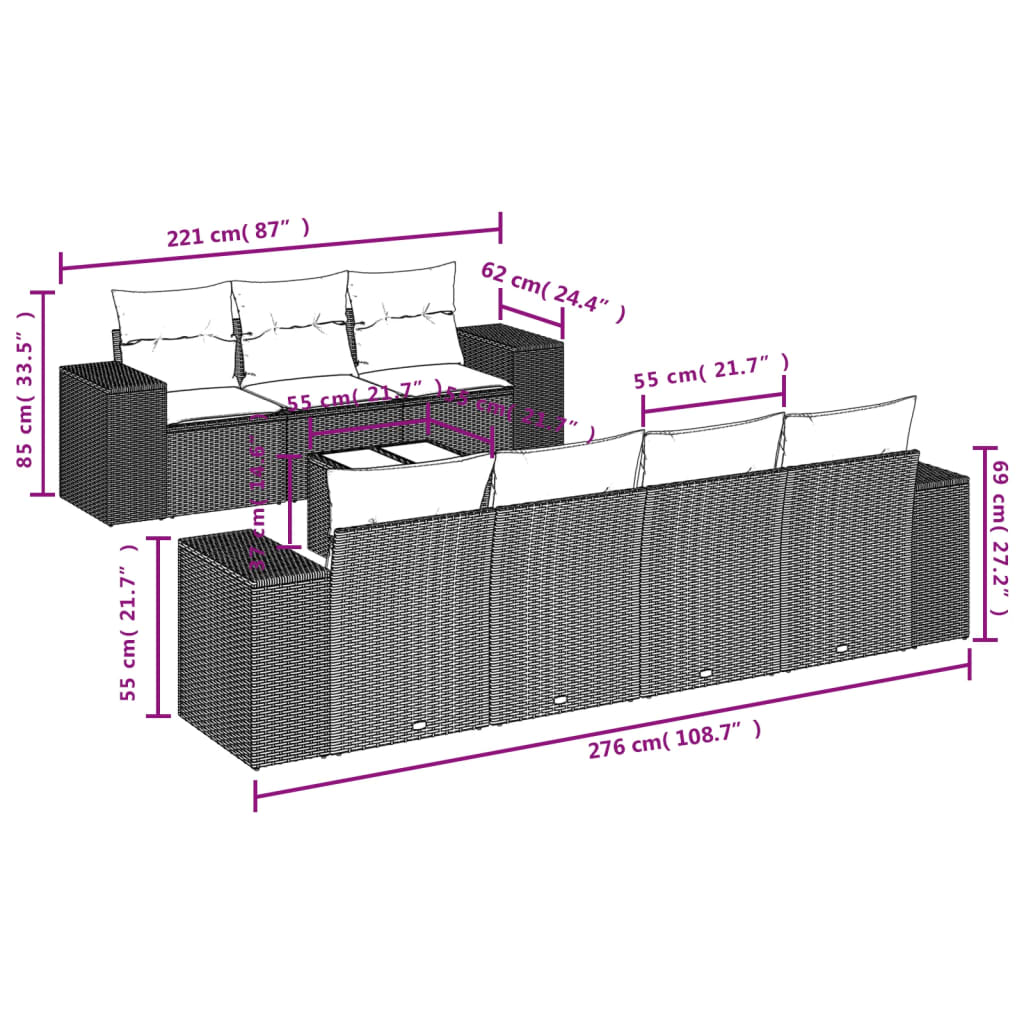 8-tlg. Garten-Sofagarnitur mit Kissen Grau Poly Rattan