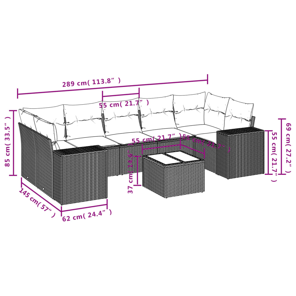 8-tlg. Garten-Sofagarnitur mit Kissen Hellgrau Poly Rattan