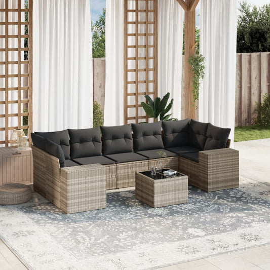 8-tlg. Garten-Sofagarnitur mit Kissen Hellgrau Poly Rattan