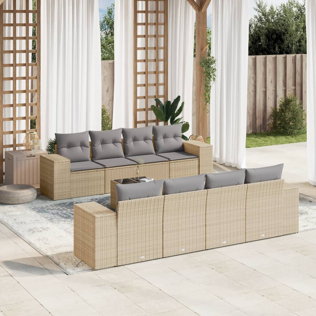 9-tlg. Garten-Sofagarnitur mit Kissen Beige Poly Rattan