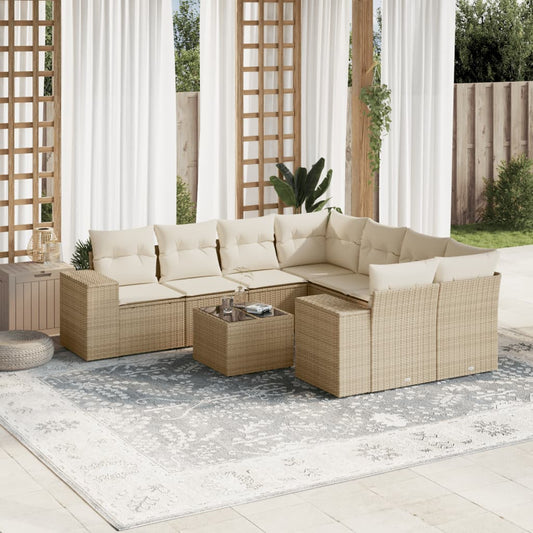 9-tlg. Garten-Sofagarnitur mit Kissen Beige Poly Rattan